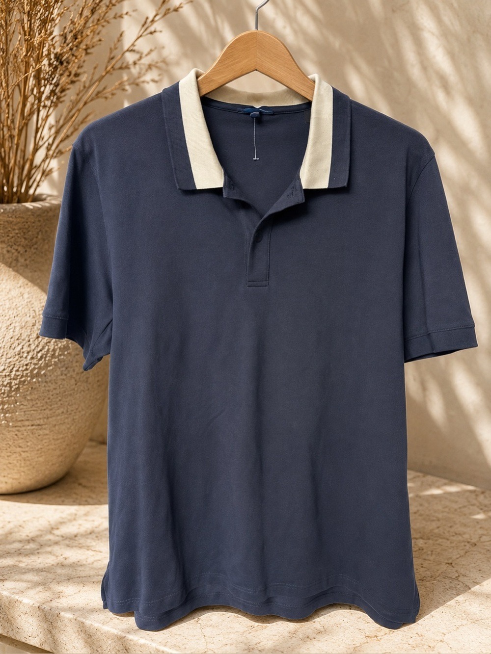 Patrick Assaraf Men’s Luxury Pima Cotton Polo Shirt Navy Blue & Cream Collar L